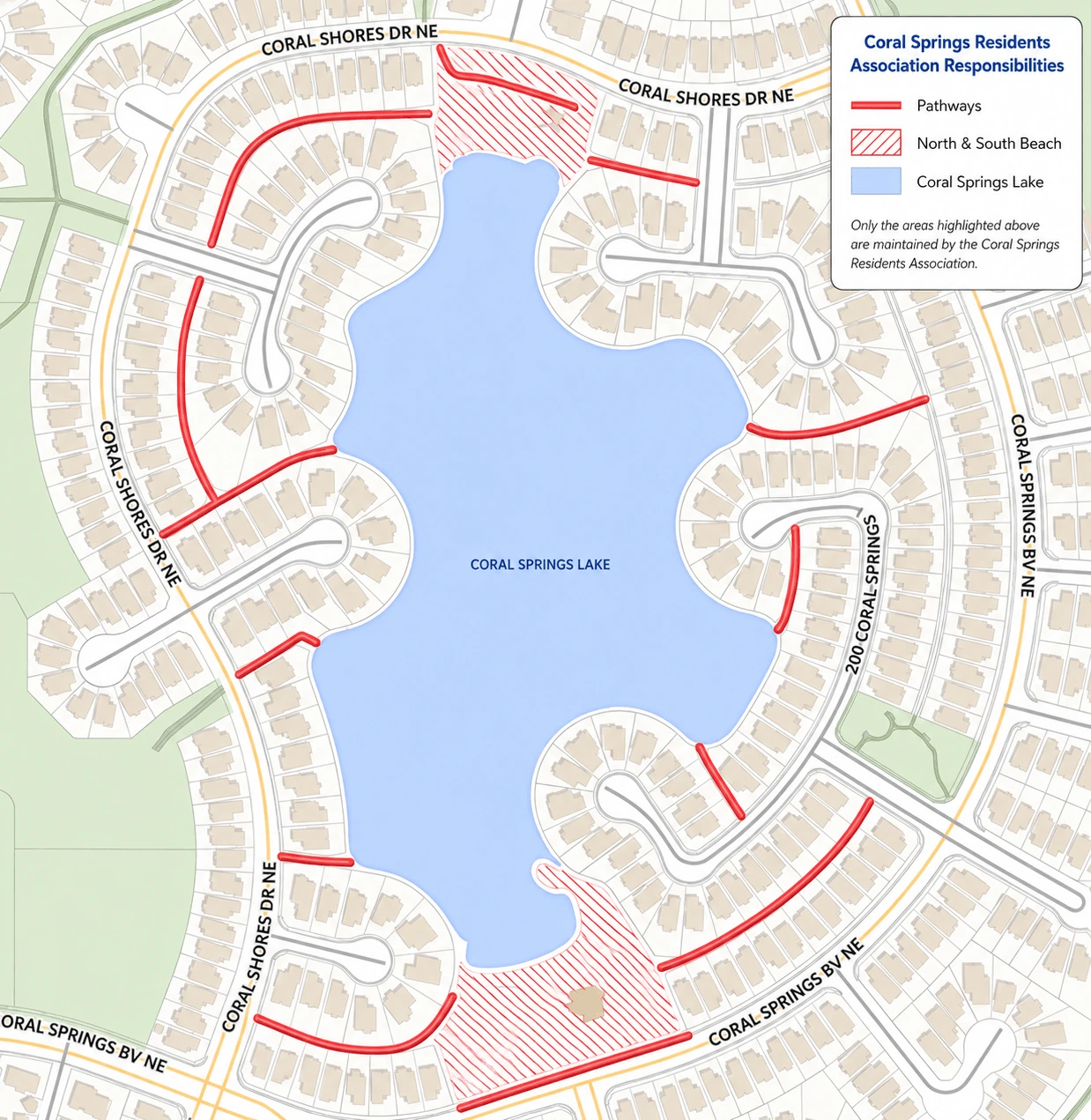 Aerial map of Coral Springs highlighting the areas the CSRA maintains: South Beach, North Beach and the access paths leading to the lake